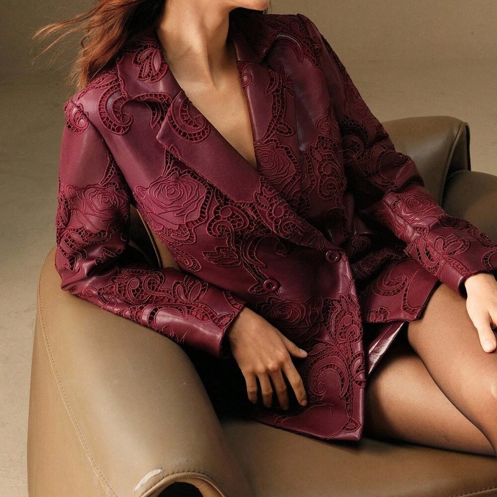 Burgundy Elegant Women's Embroidered Long Sleeve Jacket - Picture 7 of 8